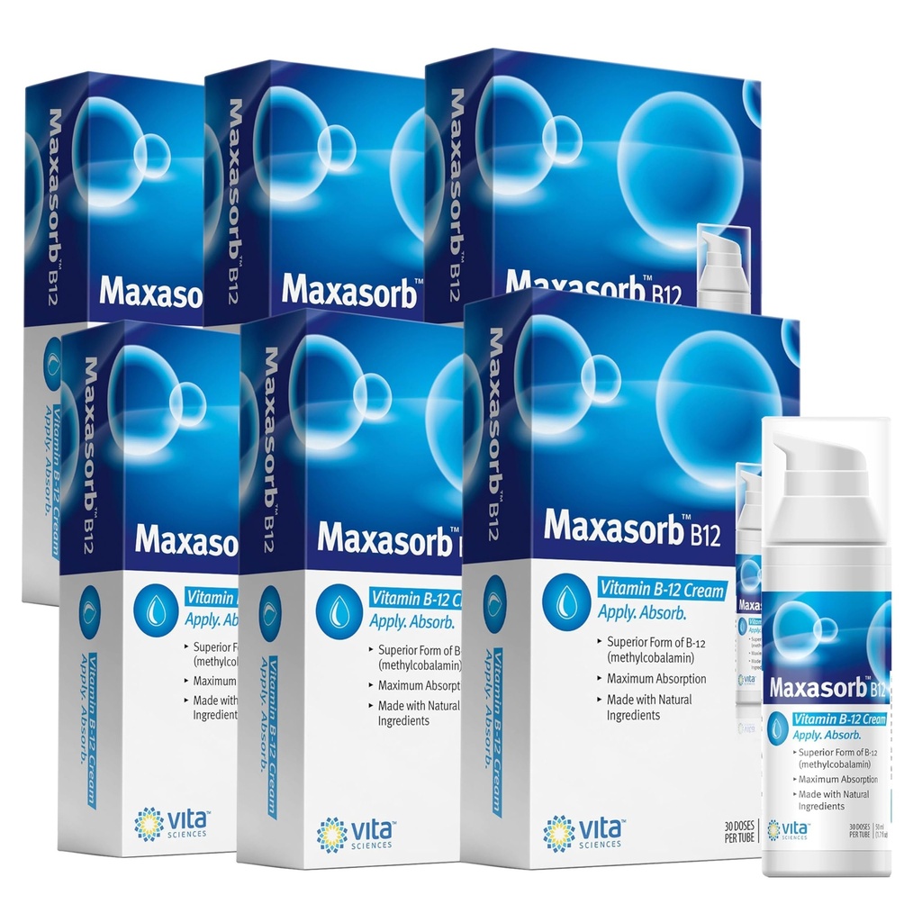 Vita Sciences MaxasOrb B12 Vitamin B-12 Cream 1000 mcg: Powerful Topical Methcobalamin for Energy, Health, and Glowing Skin - Pack of 6