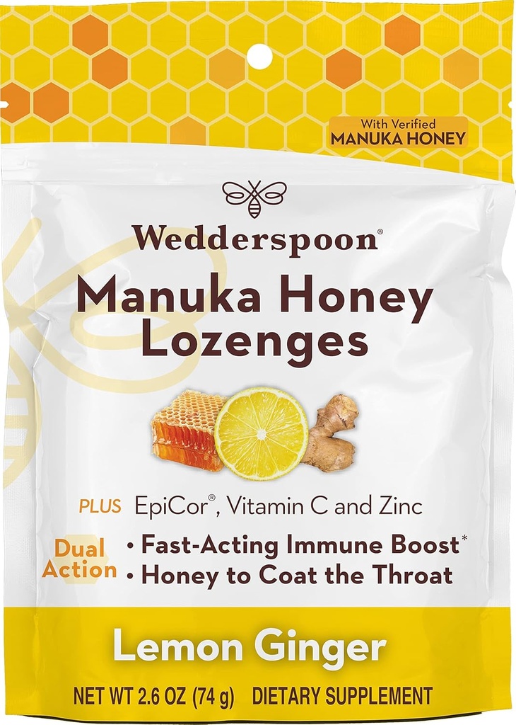 Wedderspoon Manuka Madu Imunitas Lozenges, Lemon Ginger, 2.6 Oz (Kembungkus 1), Genuine Selandia Baru Madu, Boost Imunitas Dalam Dua Jam
