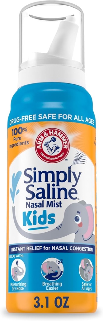 ARM & HAMMER Cukup Saline Kids Nasal Mist, Saline Semprot untuk Langganan Konsumsi Nasal Lembut, 3.1 Oz
