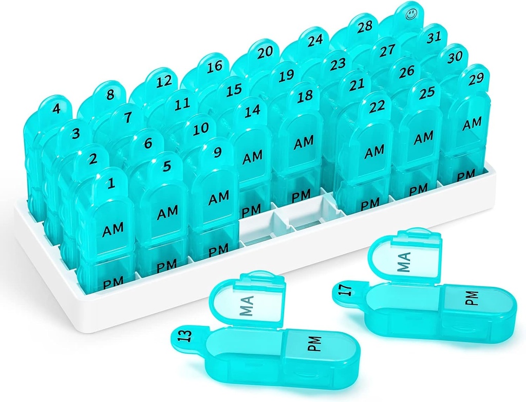 Zoksi Monthly Pill Organizer 2 Kali sehari, 30 Hari Kotak Pill Am Pm, Daily Pil Kasus dengan 32 Kompartemen Besar Untuk Setiap Hari, Kontainer Pill Portabel Portabel untuk Vitamin dan Obat-obatan (Cyan)