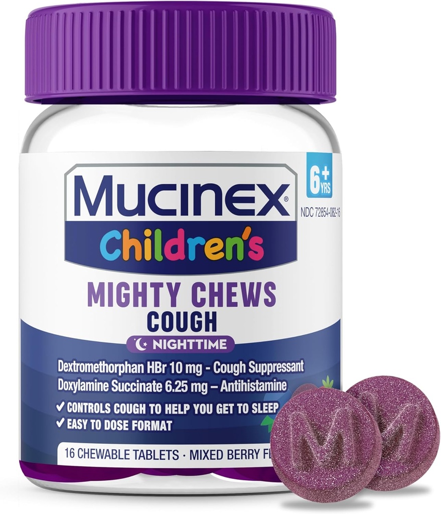 Mucinex Children 's Mighty Chews Nighttime Kids Cough Medicine, Easy to Dose Cough Suppresan with Dextromethorphan, Children Travel Medicine for Cough, Mixed Berry Flavor, 16 Obat Tablets Chewable