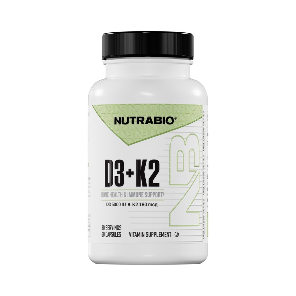 NutraBio Vitamin D3 K2 124; 5000 IU D3 sebagai Cholecalferol dengan Vitamin K2 sebagai MENA- Q MK7 (180mcg) 124; Dukung Bone and Heart Health 124; None-GMO, Gluten Free, Lactenose Free 144; 60 Vegetable Capsules