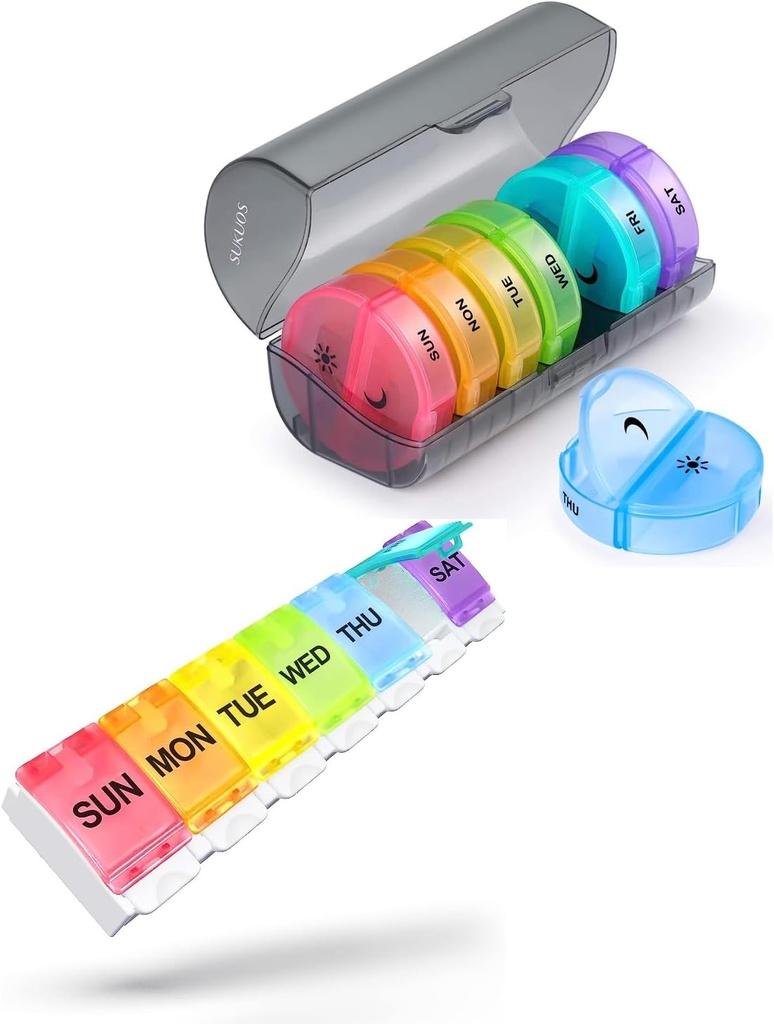 2 Pack Weekly Pill Organizer, Sukuos Daily Box 7 Day Pill Cases for Vitamin, Fish Oils or Sukuos, BPA Free