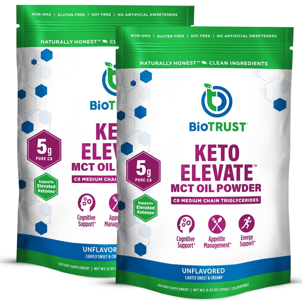 BioTrust Keto Elevate - C8 MCT Oil Powder - Ketogenic MCT Coffee Creamer, Keto Coffee Creamer - Clean Energy, Mental Focus & Clarity - 100% Caprylic Acid MCT Powder, Non- GMO (Unflashed, 40 Services)