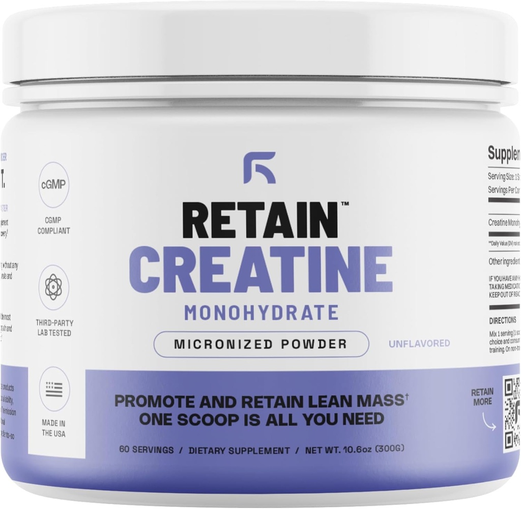 Bubuk Monohydrate RETAIN Creatine (60 Serv) - 100% Micronized Tinggi Absorestion Creatine Monohydrate, Lean Muscle Mass & Recovery