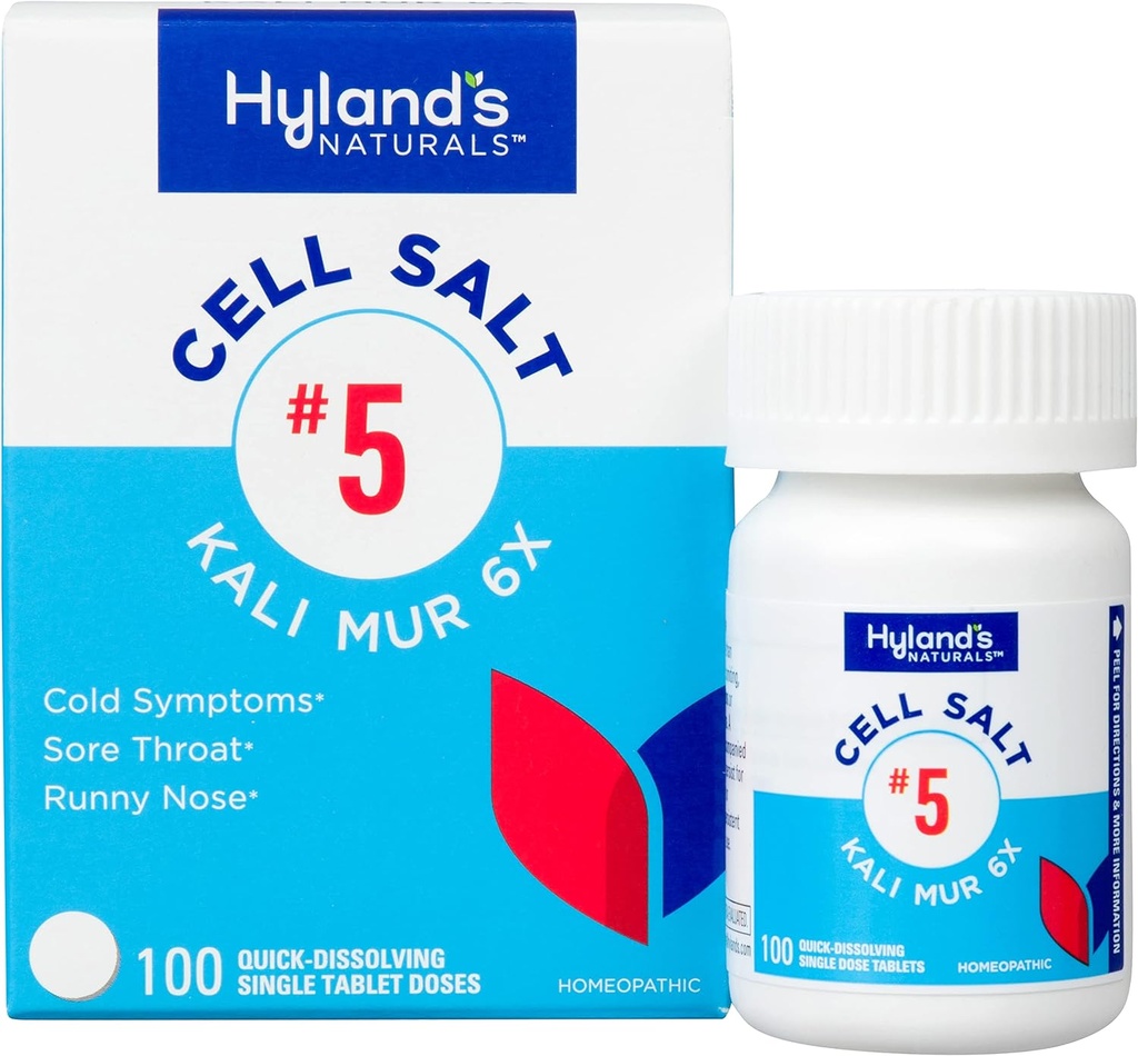 Sel Garam Hyland No. 5 Kali Mur 6X Tablet, Cold Medicine and Sore Throat Relief, Perlakuan Alam dari Colds, Sore Throats, Runny Nose, dan Burns, Quick Dissoling Tablet, 100 Count