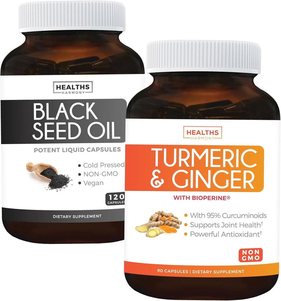 Bundle of Turmeric & Ginger & Black Seed Oil - Golden Harmony Blend - Turmeric & Ginger with 95% Curcuminoid & Bioperin (90 Capsules) & Black Seed Oil (Non-GMO) 100% Cold- Menekan Cumin Minyak Benih