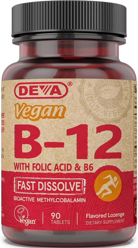 Deva Vegan Vitamin B12 Quast Dissolve Suplement - Once- Perday Complex with 1000 Mcg Methylcobalamin B12, Acid Folic, B6 - Lemon Flavor - 90 Dissoltable Tablets,