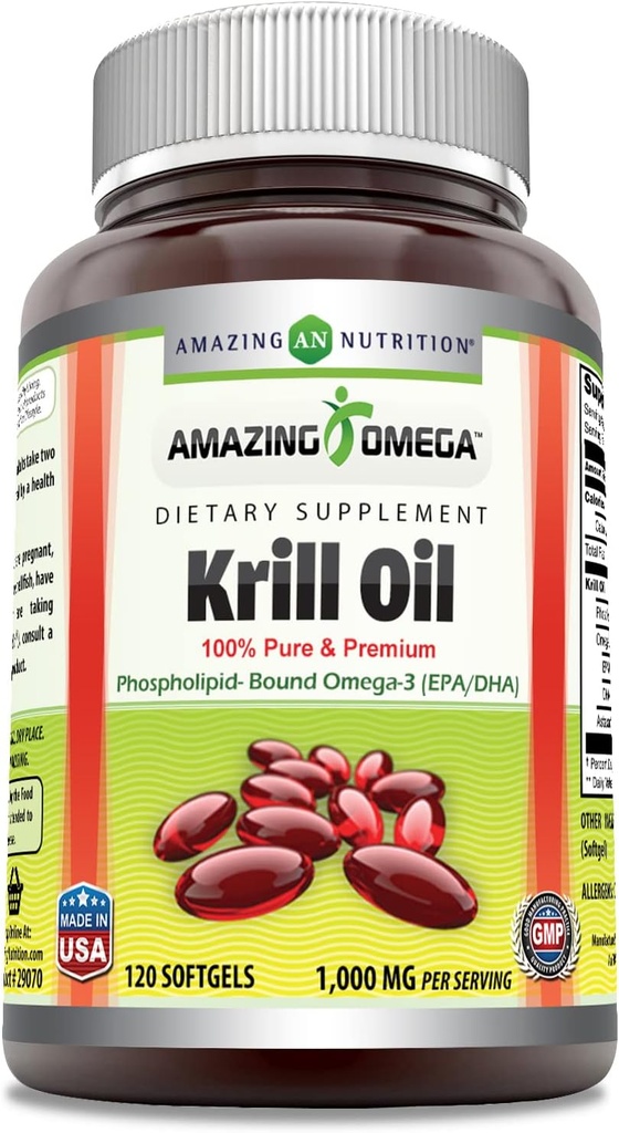 Amazing Omega Krill Oil dengan Omega 3s EPA, DHA, Phospholipids dan Astaxanthin 1000 Mg per Serving 120 softgels Suplemen 12.4; Non-GMO 124; Gluten Bebas