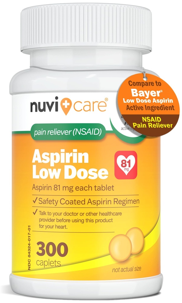 Rendah Dose Aspirin 81mg untuk Caplet Berlapisan Dewasa - Bandingkan ke Ingredien Aktif dalam Aspirin Sosis Rendah untuk Dewasa - Keselamatan Bertuai (300 Count)