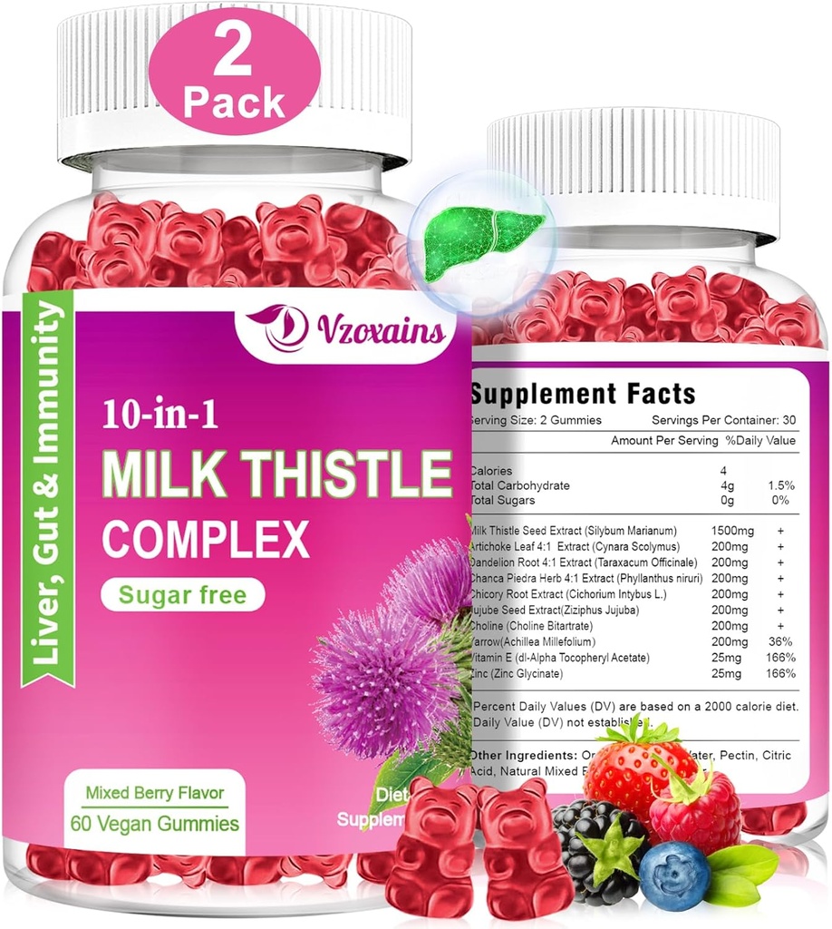 Milk Thistle Gummies, 10 dari 1 Formula Herbal untuk Liver Cleanse Detox Repair dengan Dandelion Root, Turmeric, Artichoke Optimal Liver Fungsi dan Digetical Health Flavor