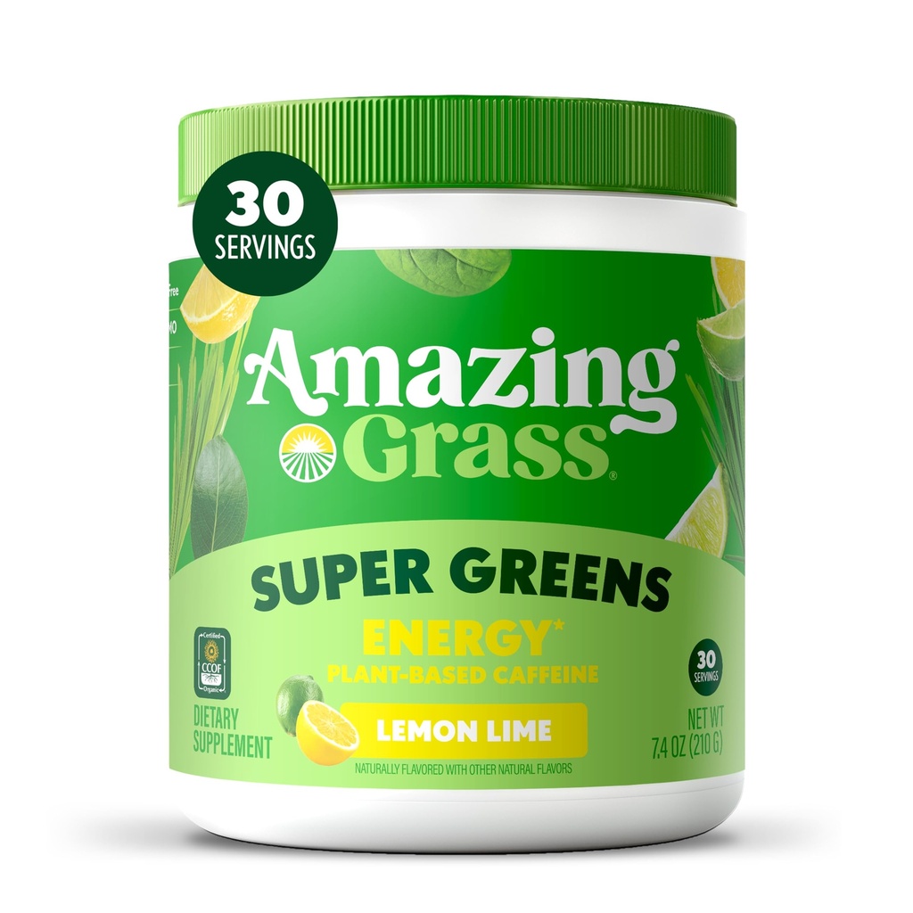 Amazing Grass Greens Energy: Smoothie Mix, Super Greens Powder & Plant Based Caffeine dengan Matcha Green Tea & Beet Root Powder, Lemon Lime, 30 Pelayan (Packaging May Vary)