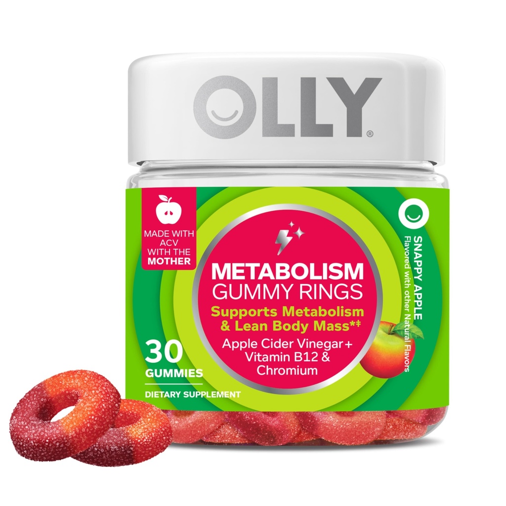 OLLY Metabolisme Gummy Rings, Apple Cider Vinegar, Vitamin B12, Chromium, Energi dan Digetical Kesehatan, Supplemen Chewable, Apple Flavor - 30 Count