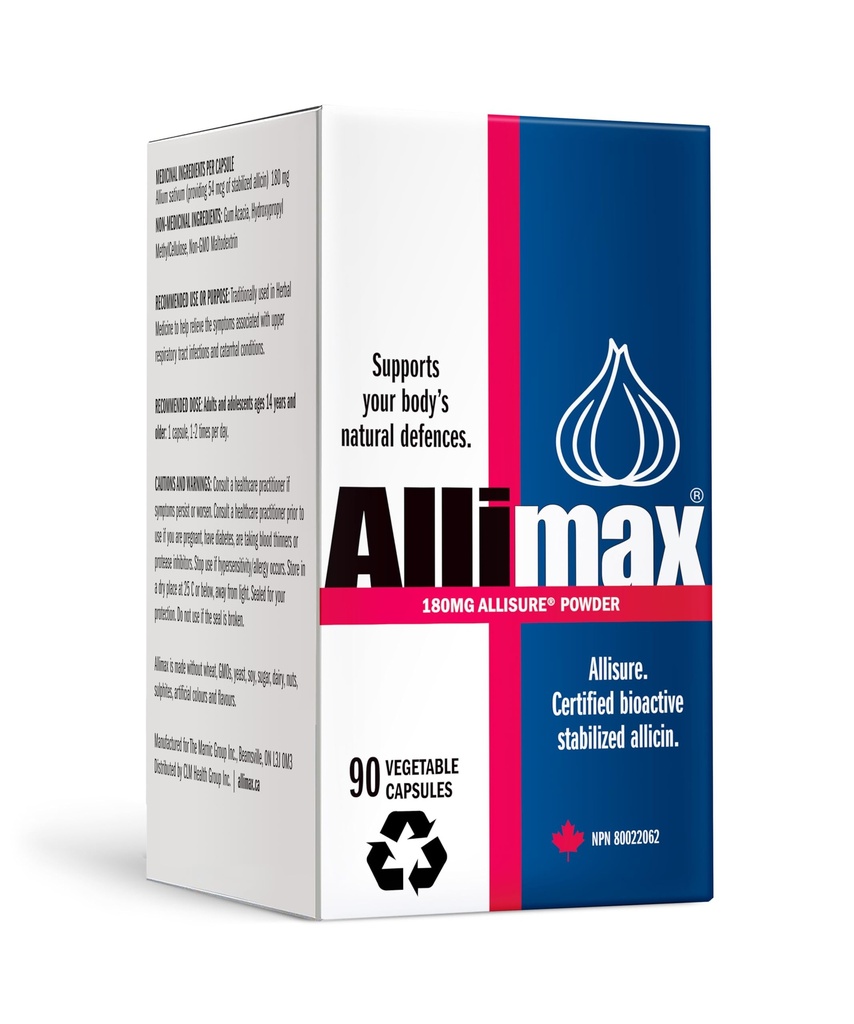 ALLIMAX 180mg 90 Kapsules. Berisi Stabilisasi dan Mampu Bioactive Allisin, diekstrak dari Clean & Sustainable Spanish Grown Garlic.