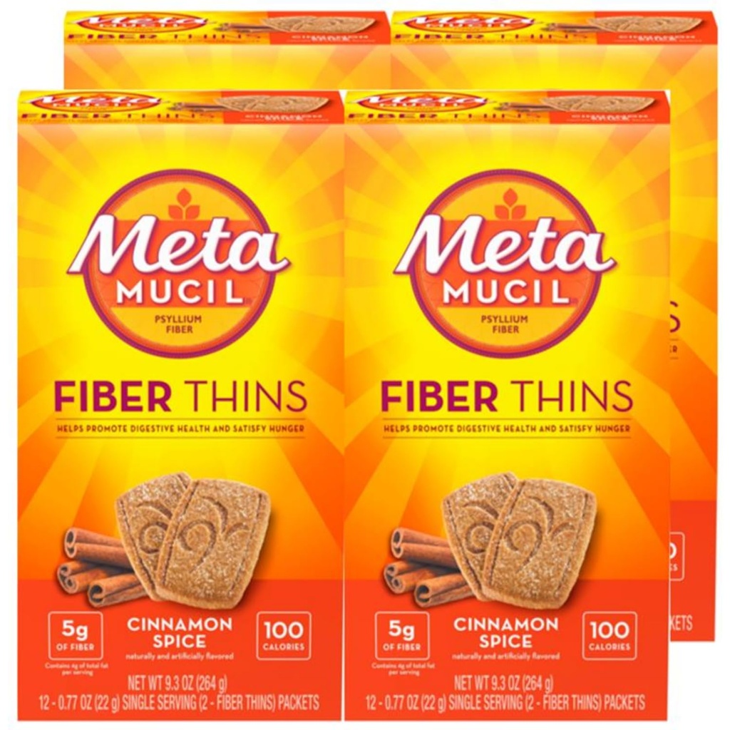 Metamucil Fiber Thins, Daily Fiber Supplement Snack, Psyillum Husk Powder, 5g Fiber per Serving, Supports Digetical Health dan Memuaskan Hunger, Cinnamon Spice Flavor, pak 4, 12 Servings masing-masing