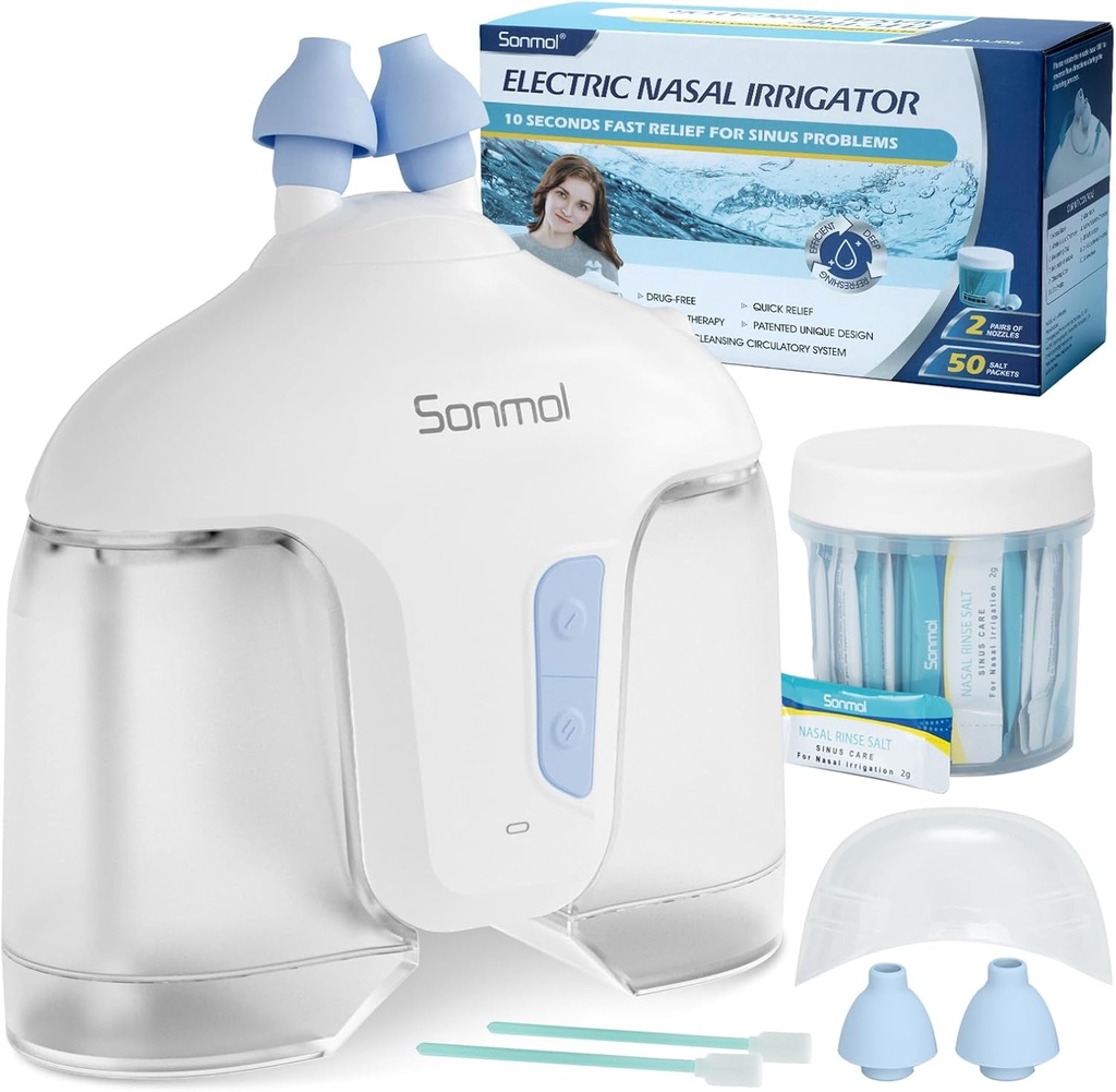 Sonmol Electric Nasal Irrigation System (Sistem Irrigation Nasal, White), Nose Cleaner untuk Sinus Adult, Self Cleaning Nasal Cleaner dengan 50 Paket Saline