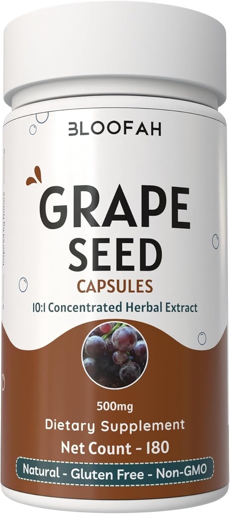 Grape Seed Capsules 500mg 124; Vitis vinifera Konsentrasi 10: 1 Ekstrak Powder 124; Suplemen Natural Herbal, Non-GMO, Gluten- Free Formula (180 Cacah (Paket 1)