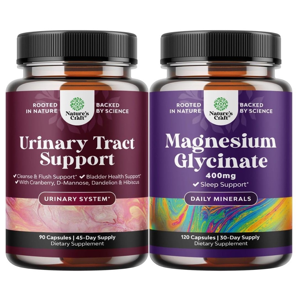 Bundle of D Mannose Capsules for Urinary Tract Health for Women Fast Acting Super Concentracted Cranberry 90ct and Pure Magnesium Glycinate 400mg Per Serving for Mood Sleep and Relaxation