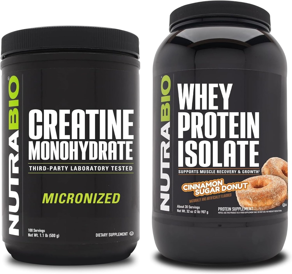 NutraBio Creatine Monohydrate, Unfeatored, 500g dan Whey Protein Isolate, Cinnamon Sugar Donut, Supplemen Bundle - Energi Otot, Lean Muscle Growth, Recovery, dan Kekuatan