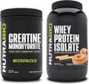 NutraBio Creatine Monohydrate, Unfeatored, 500g dan Whey Protein Isolate, Cinnamon Sugar Donut, Supplemen Bundle - Energi Otot, Lean Muscle Growth, Recovery, dan Kekuatan