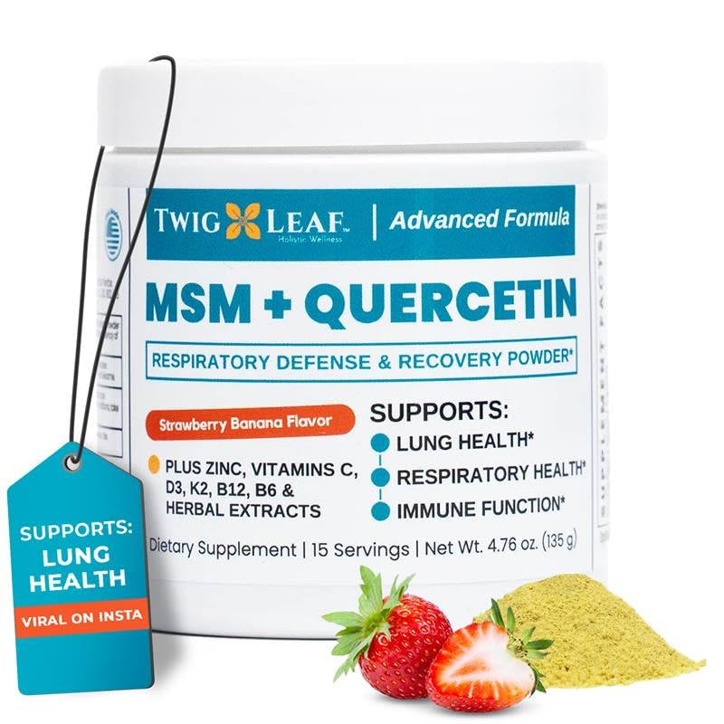Twig & Leaf MSM Quercetin Suplemen dengan Vitamin C & Zinc (Strawberry Banana) - MSM Powder Suplemen untuk Repiratory Health - Pertahanan Alam untuk Seasonal Challenges - 4.76 oz