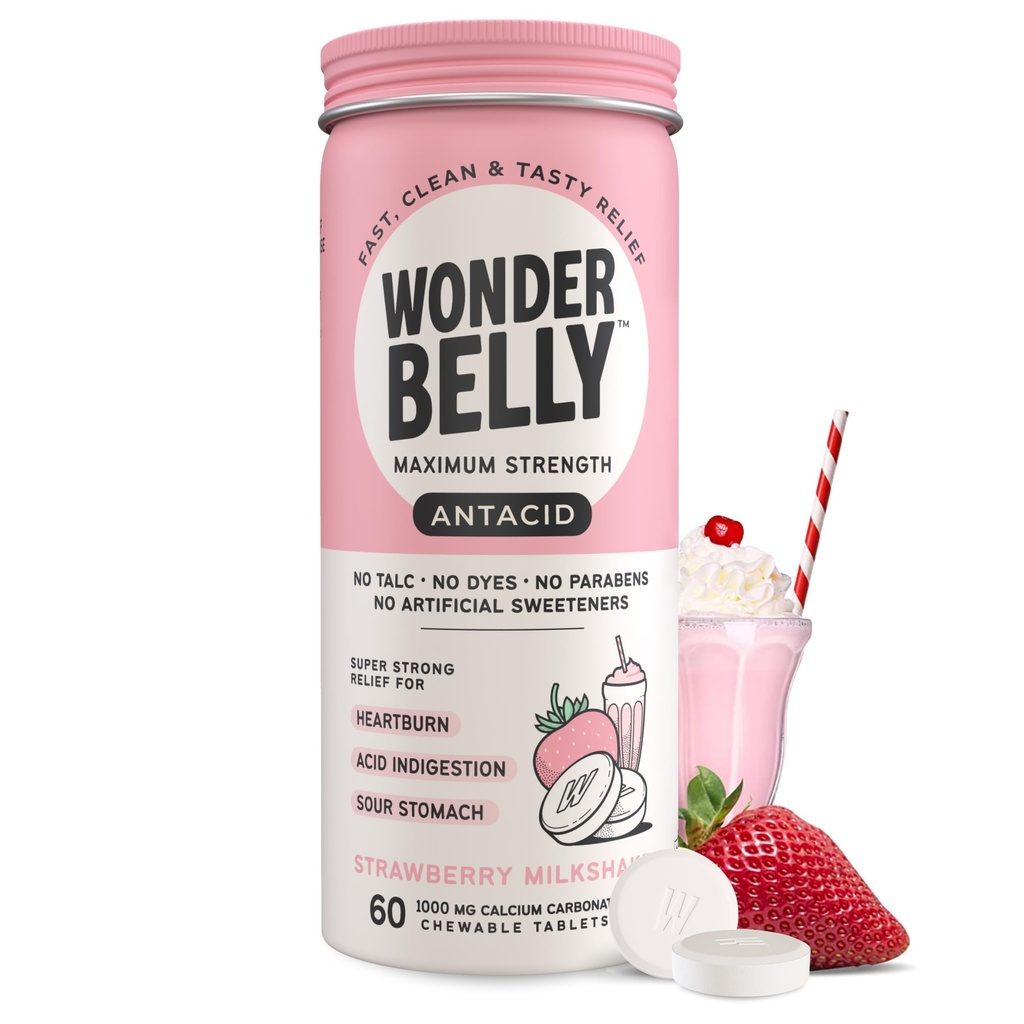 Wonderbelly Antax, Effective Heartburn dan Instant Acid Intervention Intervention Intervention, Extra Power Chewable Tablets, 1000 mg Calcium Carbonate, No Talc or Dye, Strawberry Milkshake, 60 Count