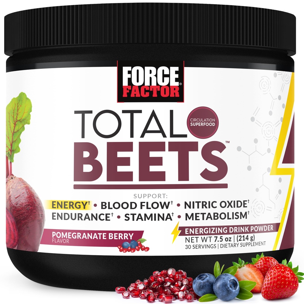 Force Factor Total Beats Energy Drink Mix, Superfood Beet Root Powder dengan Nitrate ke Boost Energy dan Durasi Dukungan, Darah Flow, Nitric Oxide dan Stamina, Supplemen Jantung, 30 Hamba