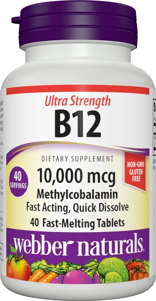 Webber Vitamin B12 10.000 mcg, Ultra Kekuatan, 40 Count, Dissolve Tablet Cepat, Tambahan Vitamin untuk Energi Metabolisme, Imune dan Heart Health, Vegan Formula