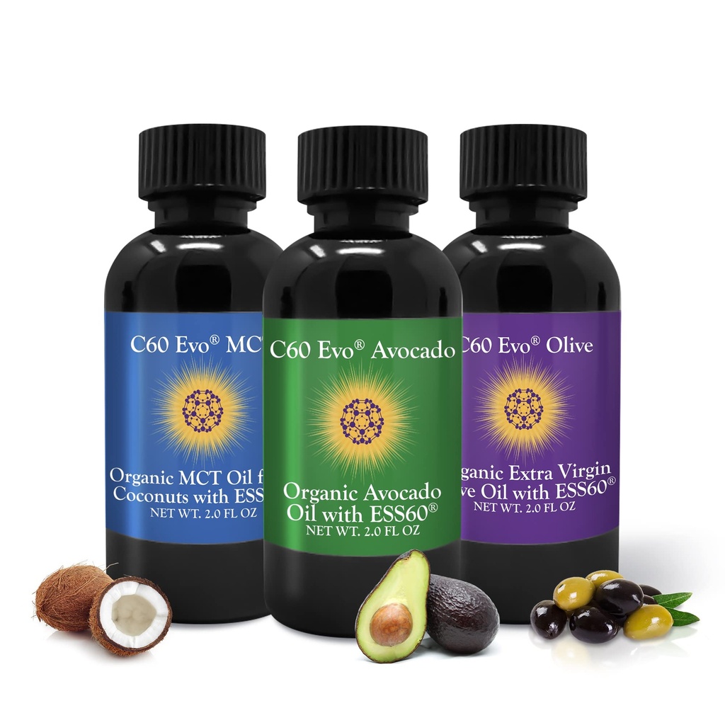 C60 Evo All-Natural Edible Oil, Mini Oil Sampler Set with Pure C60 ESS60, Ammune Support and Joint Supplemen with Olive Oil, Avocado Oil & MCT Coconut Oil, Set dari 3, 2 oz