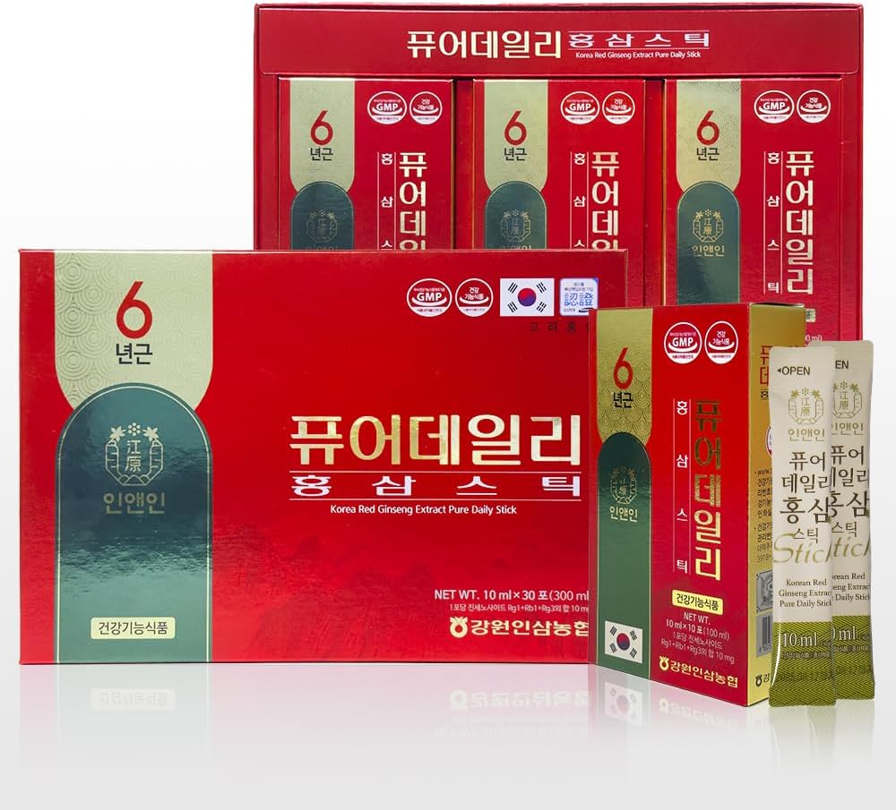 Korea Red Ginseng Extract Pure Daily Stick Hong Sam, Natural Energy Booster for Men & Women Ammune Dukung, Fatigue Recovery - 30 Sticks