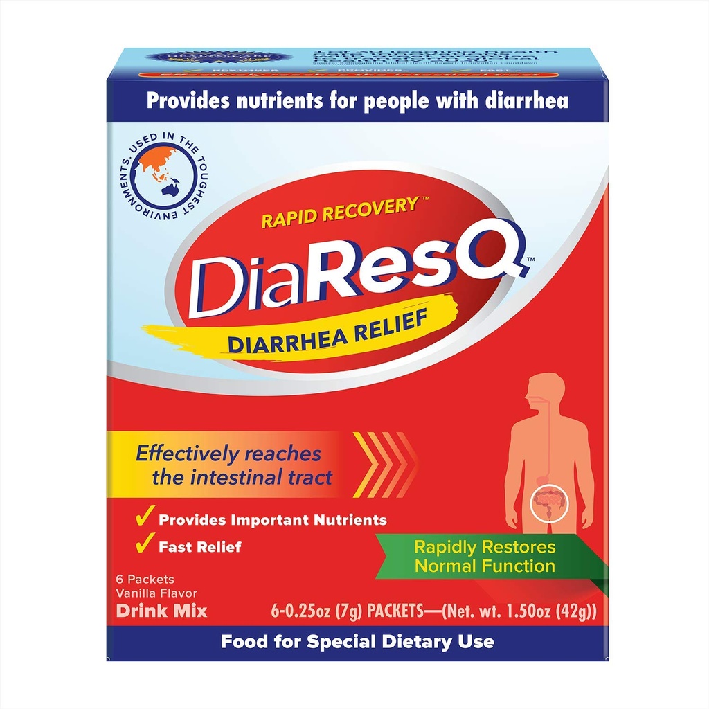 DiResQ Diare & Imune Dukungan Colostrum Minum Mix untuk Dewasa, 6 Ct, Rapid Recovery, Membantu Mengembalikan Fungsi Intestial Normal, Vanilla Flavor