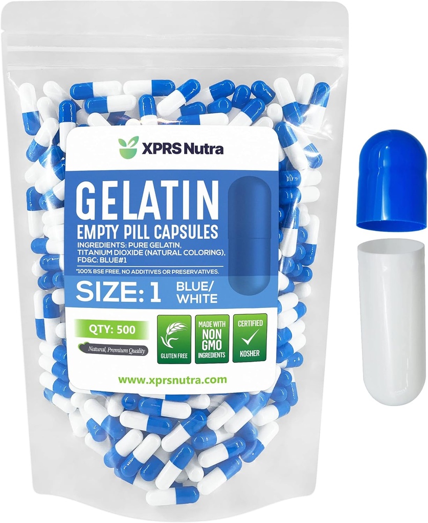 XPRS Nutra Ukuran 1 Kapsul Kosong - 500 Cacah Katup Gelatin Kosong - Pill DIY Filling - Capsule Bovine Pure Pill Gel Caps untuk Doit- Yourself Suplemen (Blue / White)