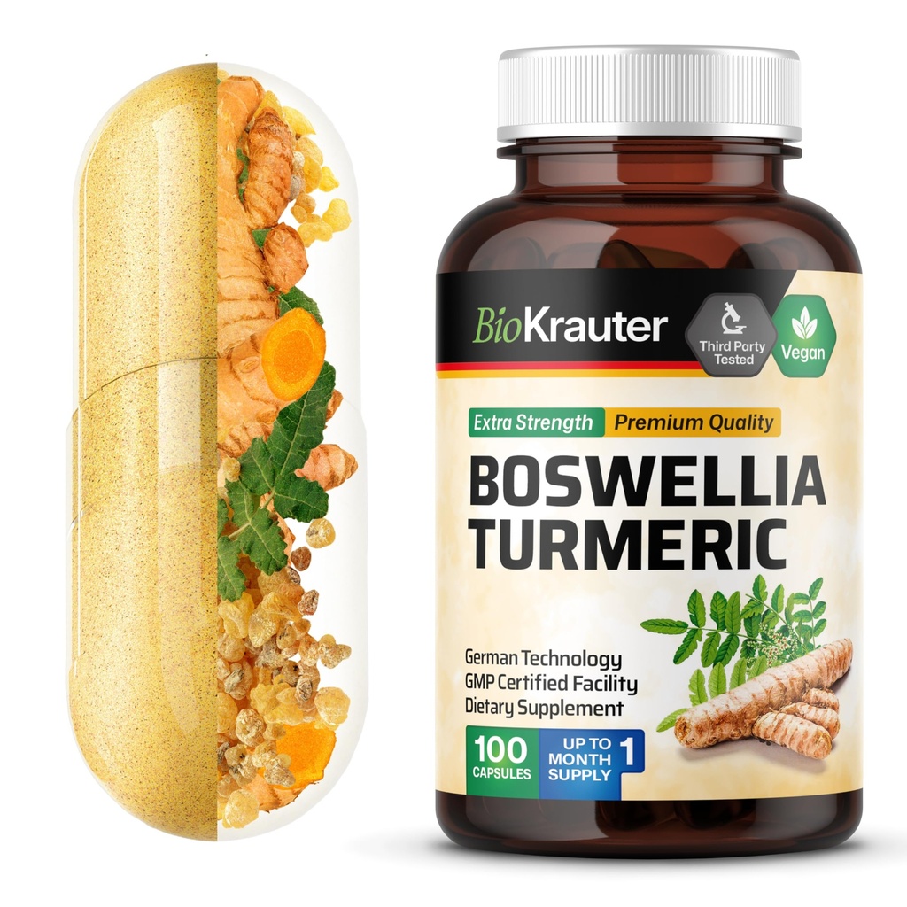 BIO KRAUTER Turmeric Suplemen dengan Boswellia Extract Capsules - 2000 mg Blend - 100 Count - Vegan Boswellia Turmeric (Curcumin) - Formula w / Black Pepper