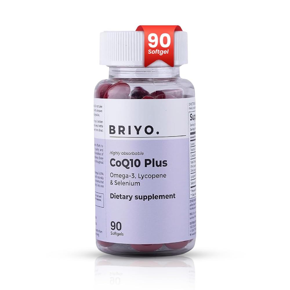 Tambahan Briyo CoQ10 100mg dengan EPA DHA Omega 3, Lycopene dan Selenium - untuk Kesehatan Jantung, Dukungan Energi, Perlindungan Antioksidant, Penuaan Sehat - Setelah Daily Softgels, 90 Count