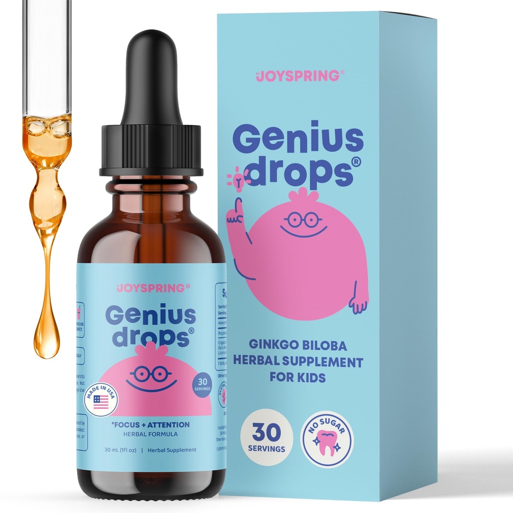 JoySpring Genius Drops for Kids 124; Clinically Proven Focus Supplement £124; Liquid Herbal Focus Suplement with Ginkgo Biloba for Kids (1 fl oz) 30 Servings