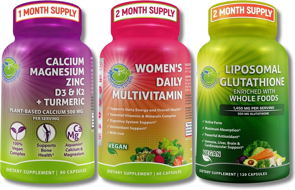 Wanita Multivitamin, Calcium & Lipomal Glutathione Trio - Plant - berbasis Kalsium, Magnesium, Zinc, D3, K2 & Turmeric + Women Daily Multivitamin dengan Gluponial Besi + Lipomal