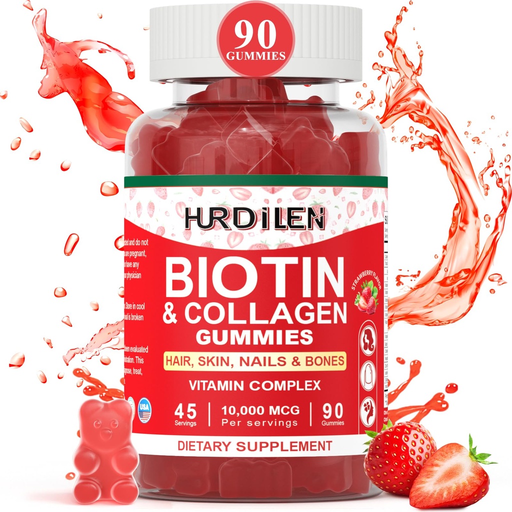 Skin and Nails Gummies, 1000mcg Biotin Collagen Gummies for Women & Men, Vitamin Supports Faster Hair Growth, Stronger Nails, Healthy Skin, Strengly Bone, 90 Gummies