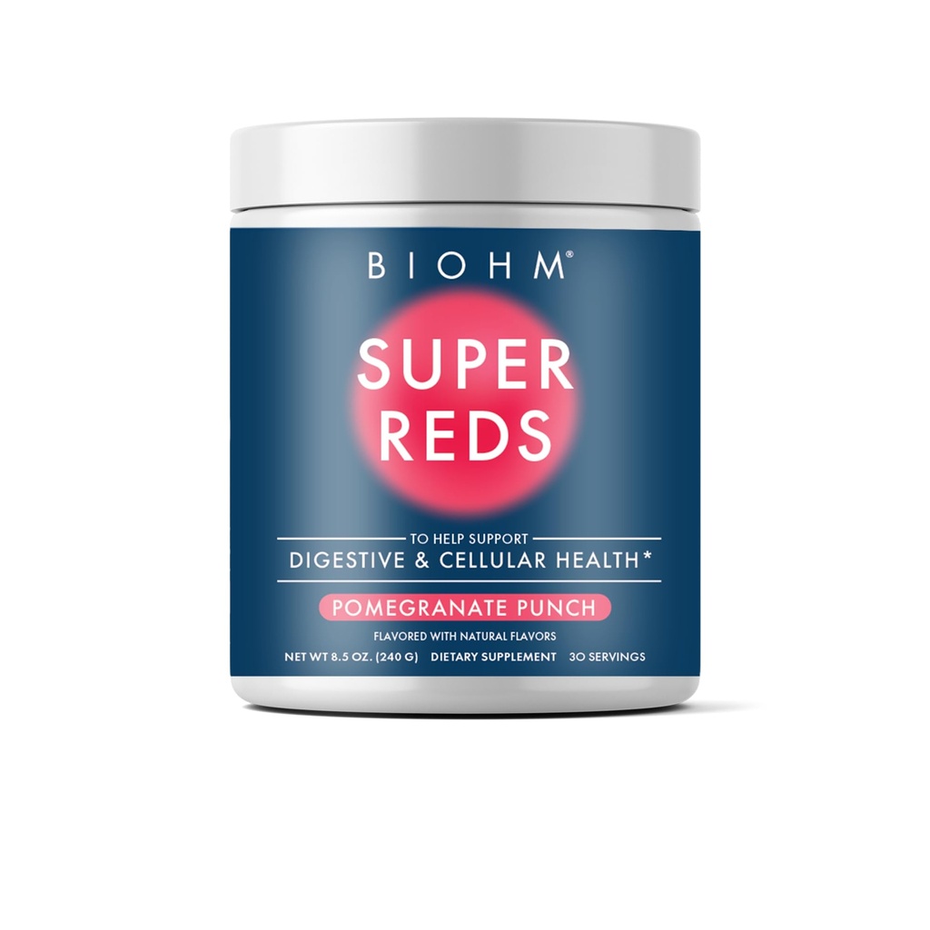 BIOHM Super Reds, Beet Root Powder Antioxidant Beats dan Smoothie Mix dengan Tart Cherry Extract dan 19 Whole Foods Merah Dikemas dengan Pregories dan Progories, Non- GMO, Red Berry Flavor (30 Pelayan)