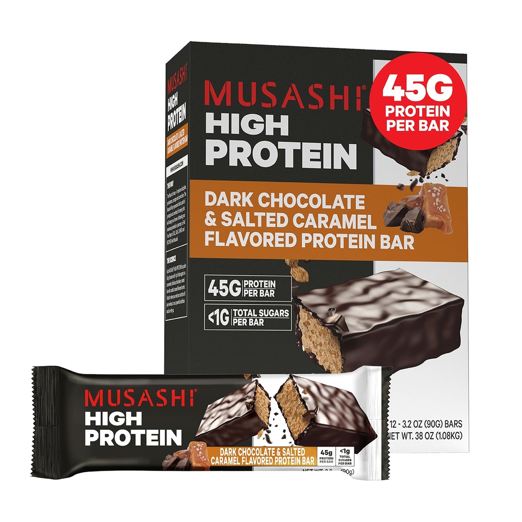 Bar Protein Tinggi MUSASHI, 45g Protein, < 1g Total Sugars, Dark Chocolate & Salted Caramel, Post Workout dan Protein Snack On The Go, 12 Pack of 3.2oz (90g) Bars