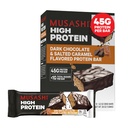 Bar Protein Tinggi MUSASHI, 45g Protein, < 1g Total Sugars, Dark Chocolate & Salted Caramel, Post Workout dan Protein Snack On The Go, 12 Pack of 3.2oz (90g) Bars