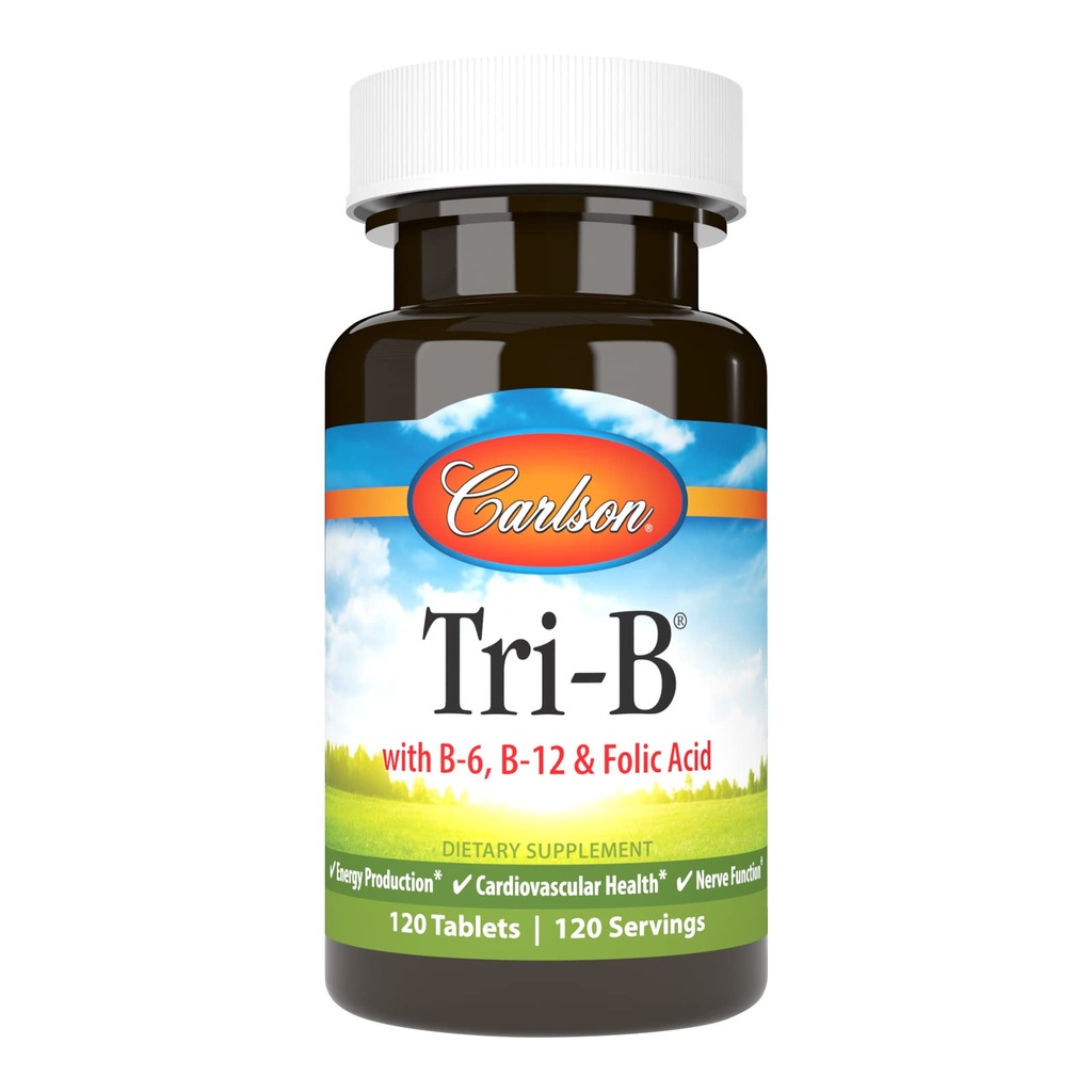 Carlson - Tri-B, Vitamin B Kompleks, 25 mg Vitamin B-6, 400 mcg Vitamin B-12, Pill Acid Energy Folic, Propince Cardiovaskular Health, B Complex Vitamin, B12 Tambahan, B Vitamin Complex, 120 Tablet