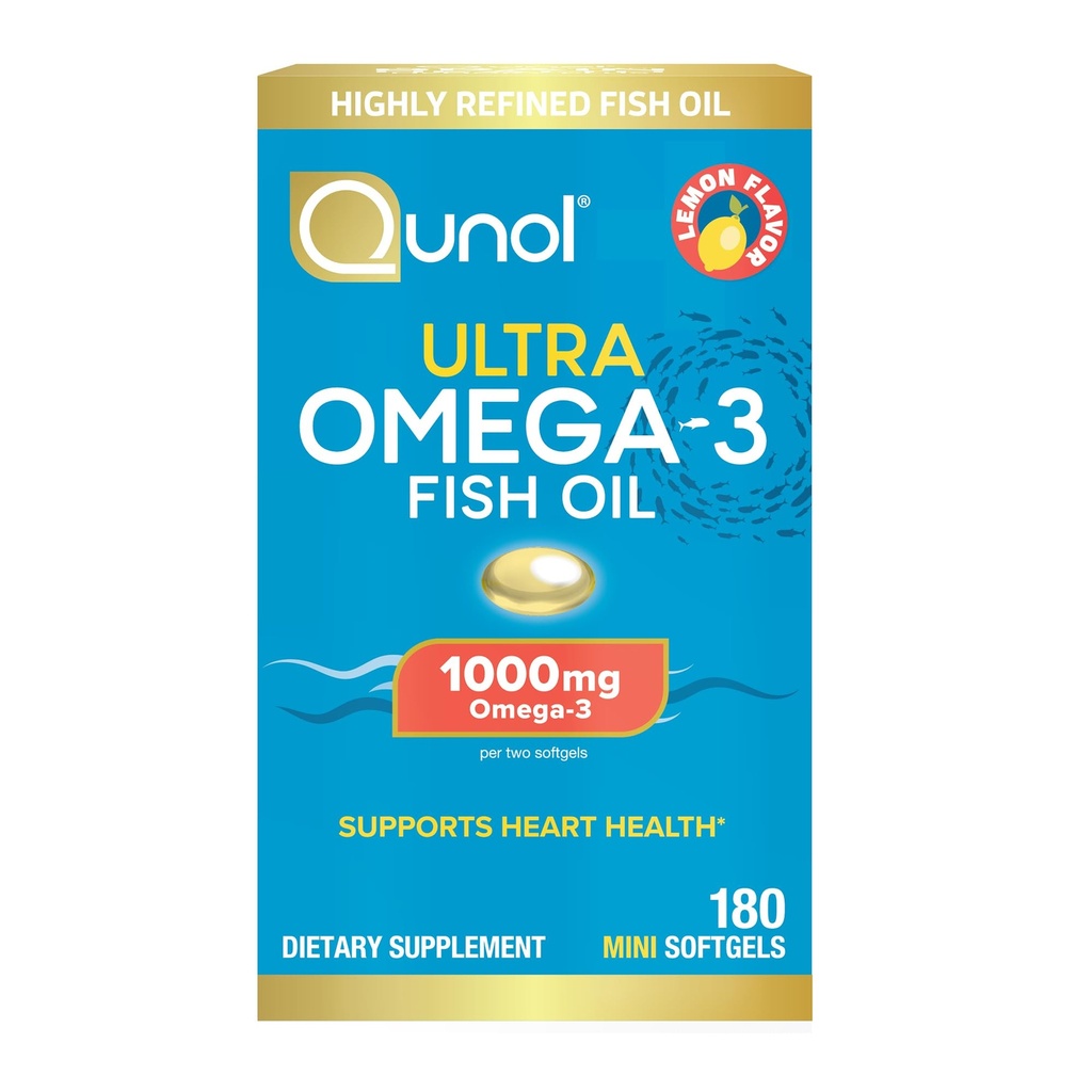 Qunol Fish Oil Omega 3 Mini Softgeels, 100mg Omega 3 EPA + DHA, Ultra Pure Suplemen, Dukungan Kesehatan Jantung, Limon Flavor, Mudah Swallow Minis, 3 Bulan Suppply, 180 Count