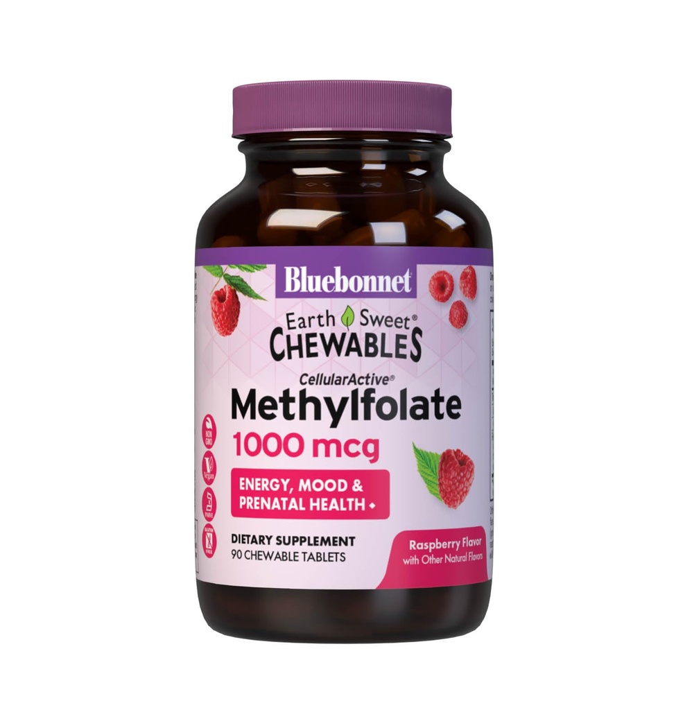 Bluebonnet EarthSweet Methylfolat 1000 mcg Cellular Active Coenzim 5-MTHF L Methyl Felour Support - Prenatal & Energy - Non-GMO, Vegan, Gluten- Free - Raspberry - 90 Tewable Tablets