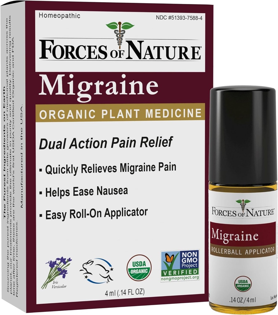 Angkatan Alam Alam, Organik Migraine Relief Topical Rolll-on, Support Prodrome, Aura, Headache, Fatigue, Light dan Sound Sensitivity, Nausea Associated with Migraines, Non-GMO, 0.14 Fl Oz