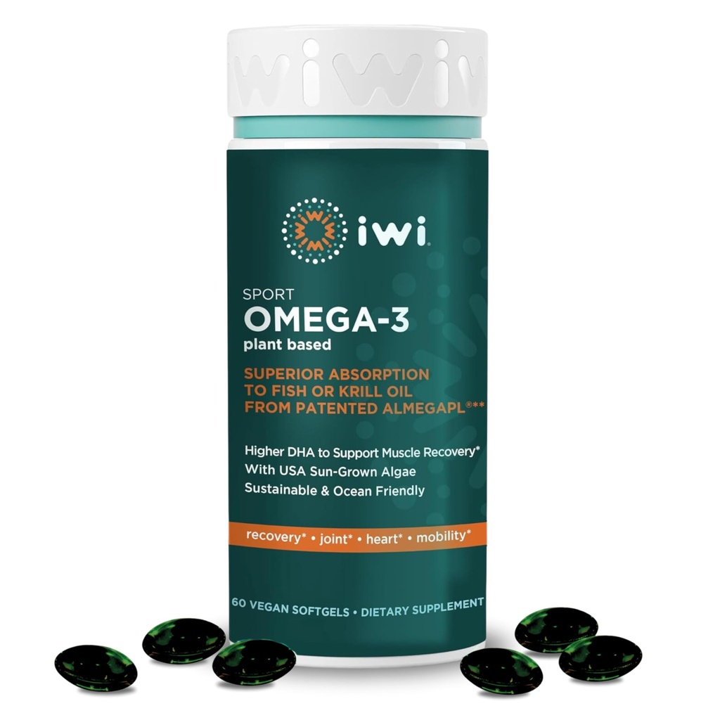 Iwi Omega-3 Sport, 60 Softgels (30 Pelayan), Plant - berbasis Vegan Algae Omega 3 dengan DHA, Exercise Recovery Dukungan Tambahan Diet, Krill & Fish Oil Alternative, No Fishy Aftertaste