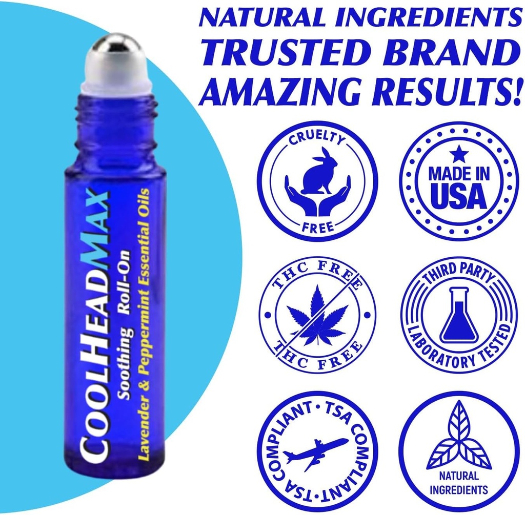CoolHead Max Roll On, Natural Peppermint Estimite Oil Migraine Relief, Headache Dukung Roller, Fast Cooling Comfort for Your Head, 3 Pack