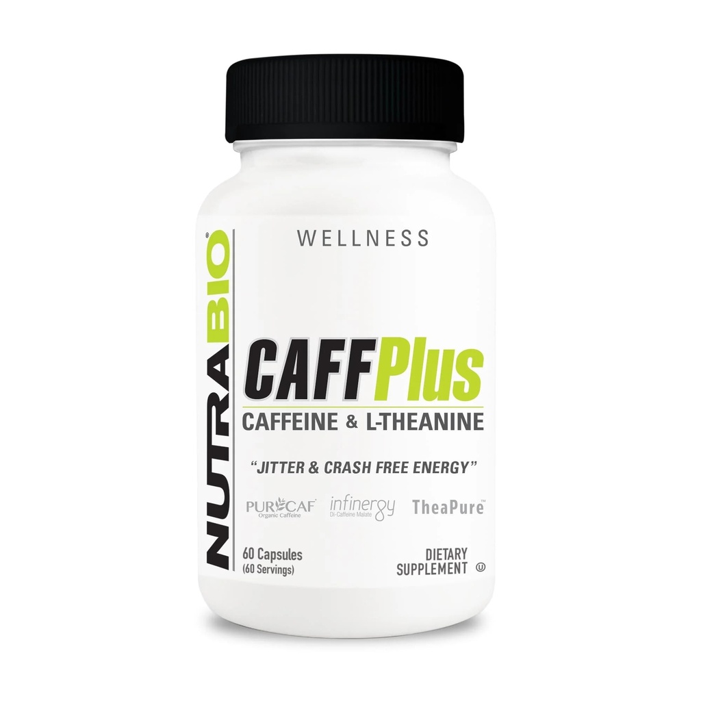 NutraBio CaffPlus, Caffeine Sumber Dual dengan Theanine untuk Boost Energi Healthy - 60 Capsules Vegetable