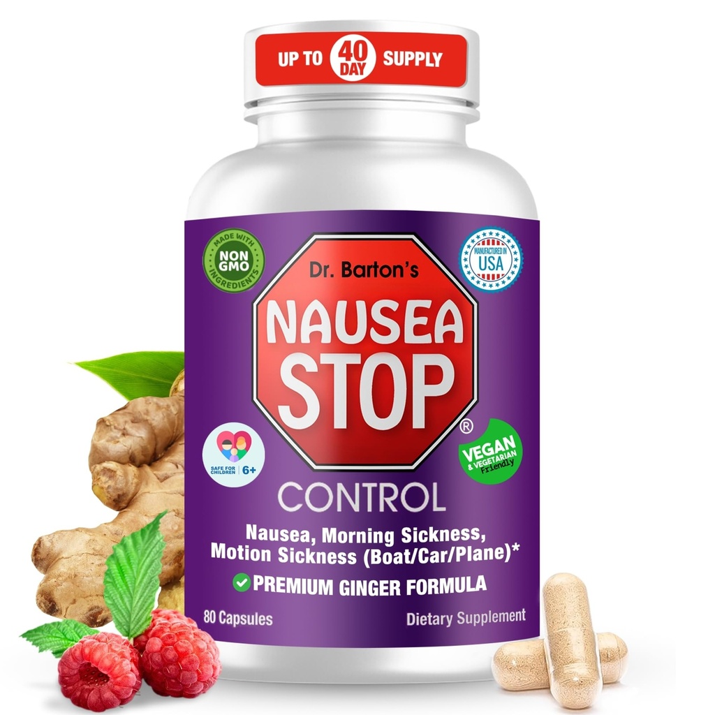 Dr. Barton 's Nausea Stop - Nautial Ginger, Non- Drowsy Nausea Relief Pills for Dewasa & Kid, Anti Nausea, Upset Stomach, Morning Sickness & Pregnancy Nausea - Travel Essentials - 80 Capsules (1 Pack)