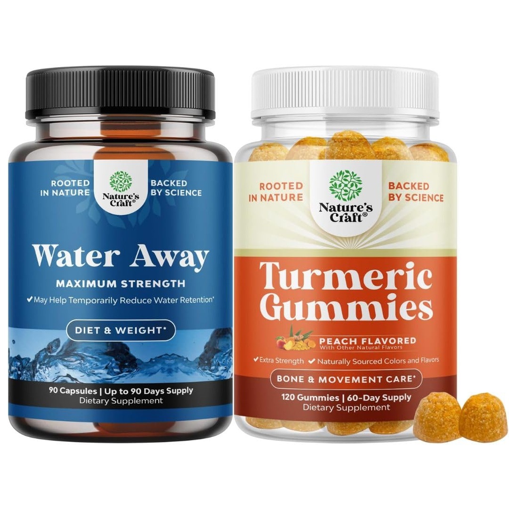 Bundle of Water Away Fluid Retention with Dandelion Leaf Extract & Green Tea for Bloating Relief and Turmeric Gummies for Adules Peach Flavor - Turmeric Curcumin with Black Pepper Extract and Ginger