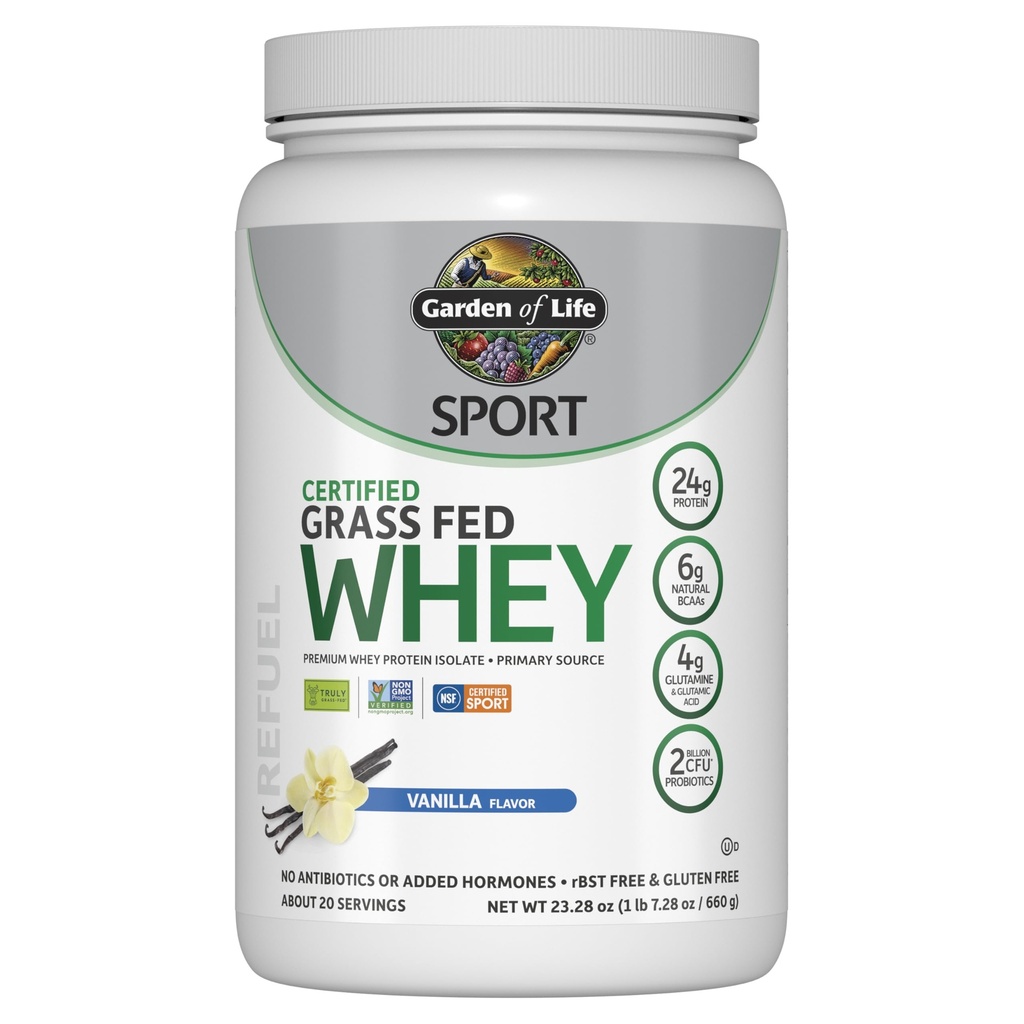 Garden of Life Sport Whey Protein Powder Vanilla, Premium Grass Whey Isolate plus Proponite for Immune System Health, 24g Protein, Non GMO, Gluten Free, Cold Cursin- 20 Servis